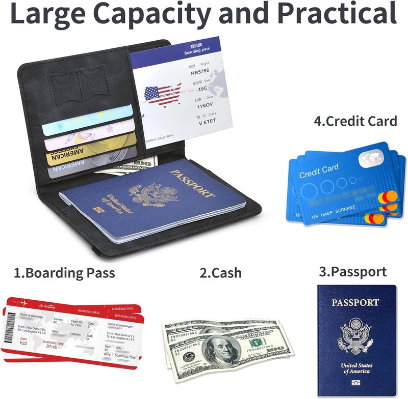 KAOBAN Passport Holder, Passport Cover with Credit Card Slot and Boarding Pass Slot Combo, Passport Wallet Case Book Travel Must Have, RFID Blocking Leather Travel Accessories, Black - Image 4